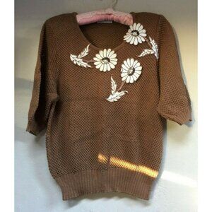 Vintage Jean Damien Womens Sunflower Applique Knit Pullover Short Sleeve Brown